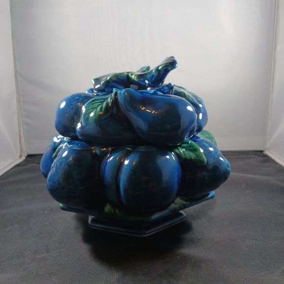 Vintage Candy Dish Inarco Blue Fruits Retro MCM Cookie Jar - Picture 3 of 15